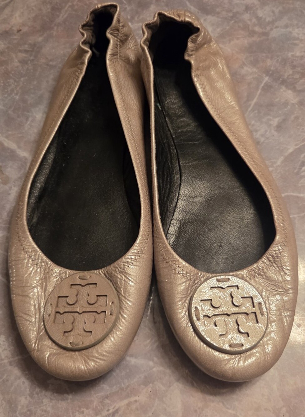 Tory Burch Metallic Gray Leather Ballet Flats